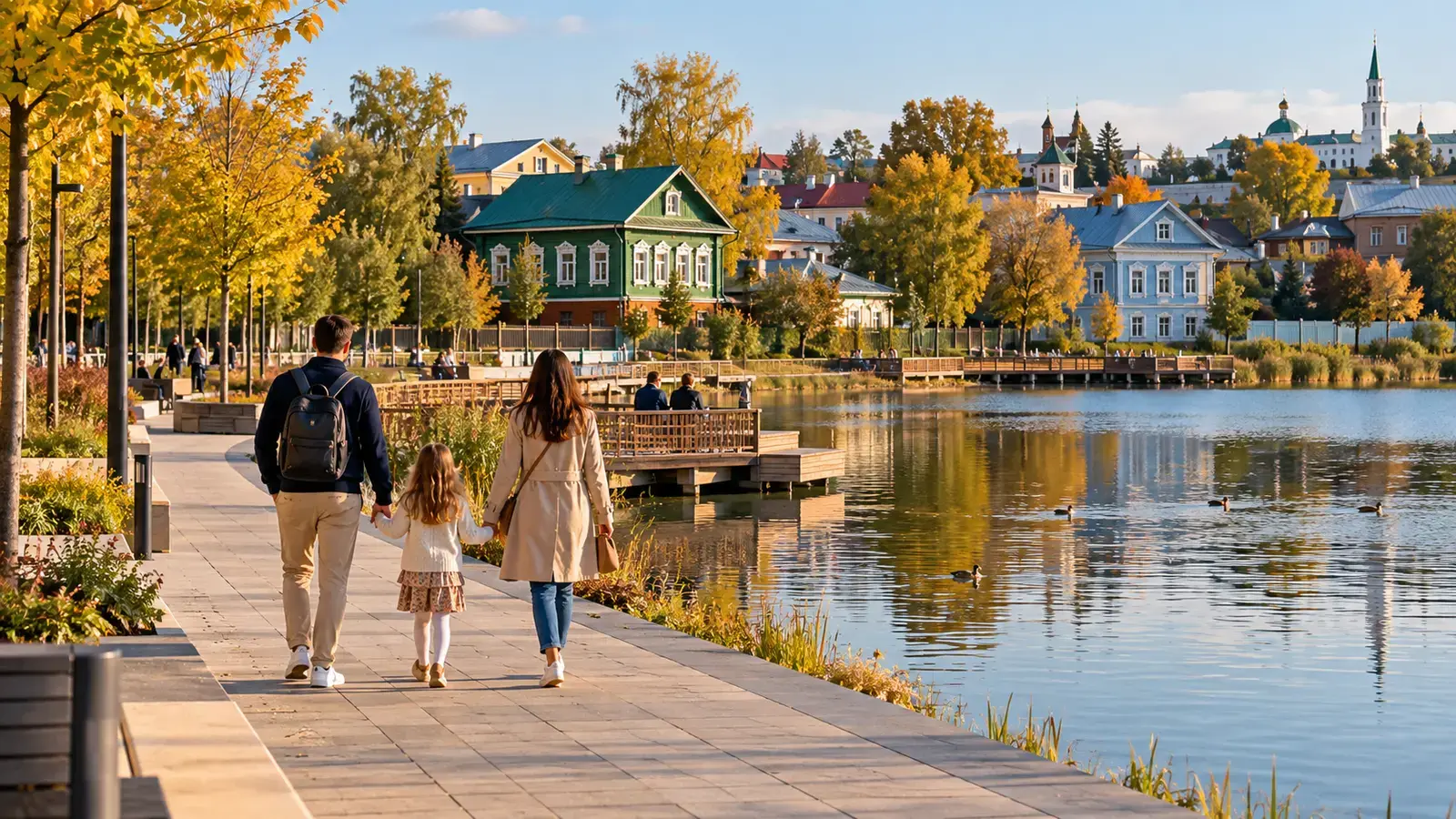 Семейная прогулка у воды в Казани — тематическая иллюстрация создана ИИ