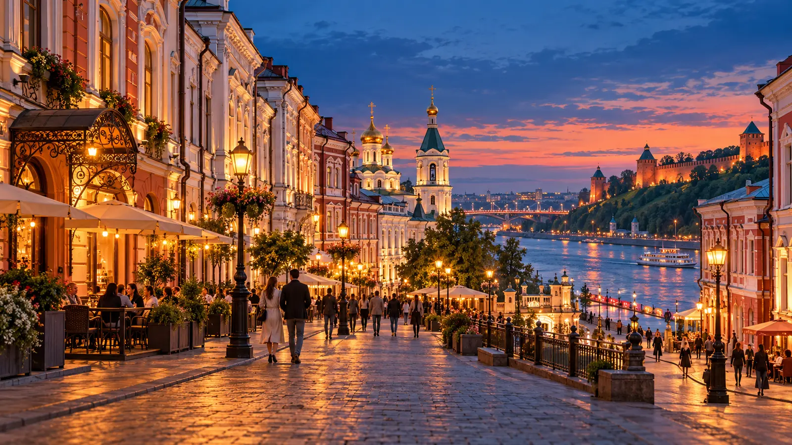 Редакционная иллюстрация вечерних исторических улиц Нижнего Новгорода
